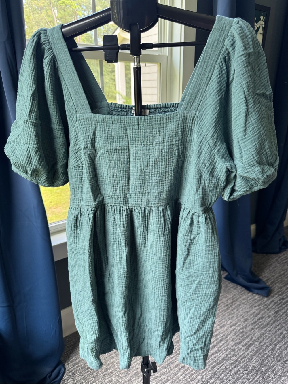 Madewell Lightspun Teal Cotton Gauze Puff Sleeve Square Neck Mini Dress Size L